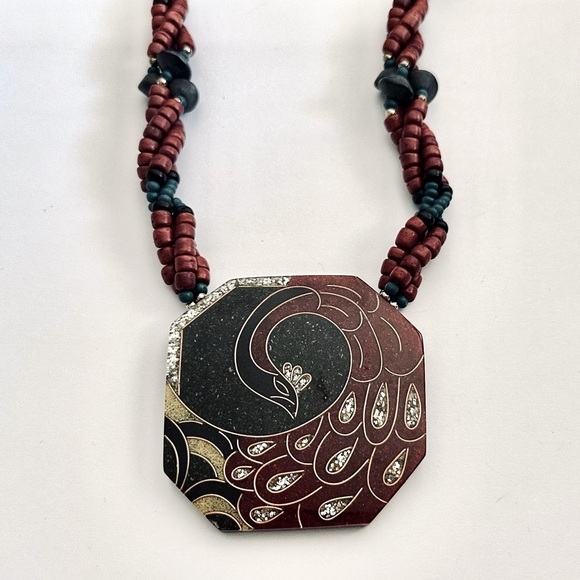 Exotic Peacock Pendant with Layered Wood Beads Necklace - Picture 6 of 8